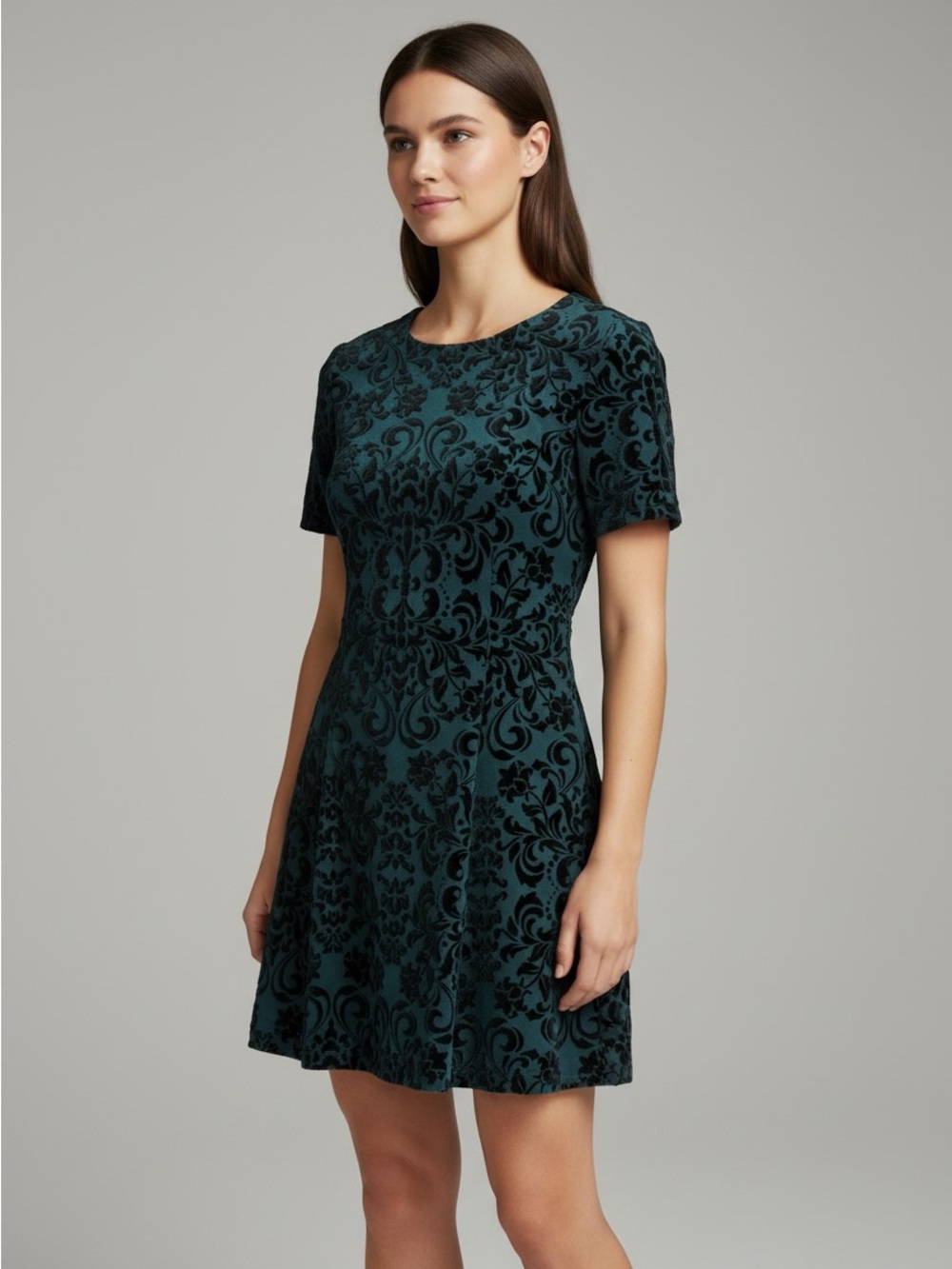 New Jessica Howard Dark Teal Velvet Burnout Fit-and-Flare Dress size 12P $239